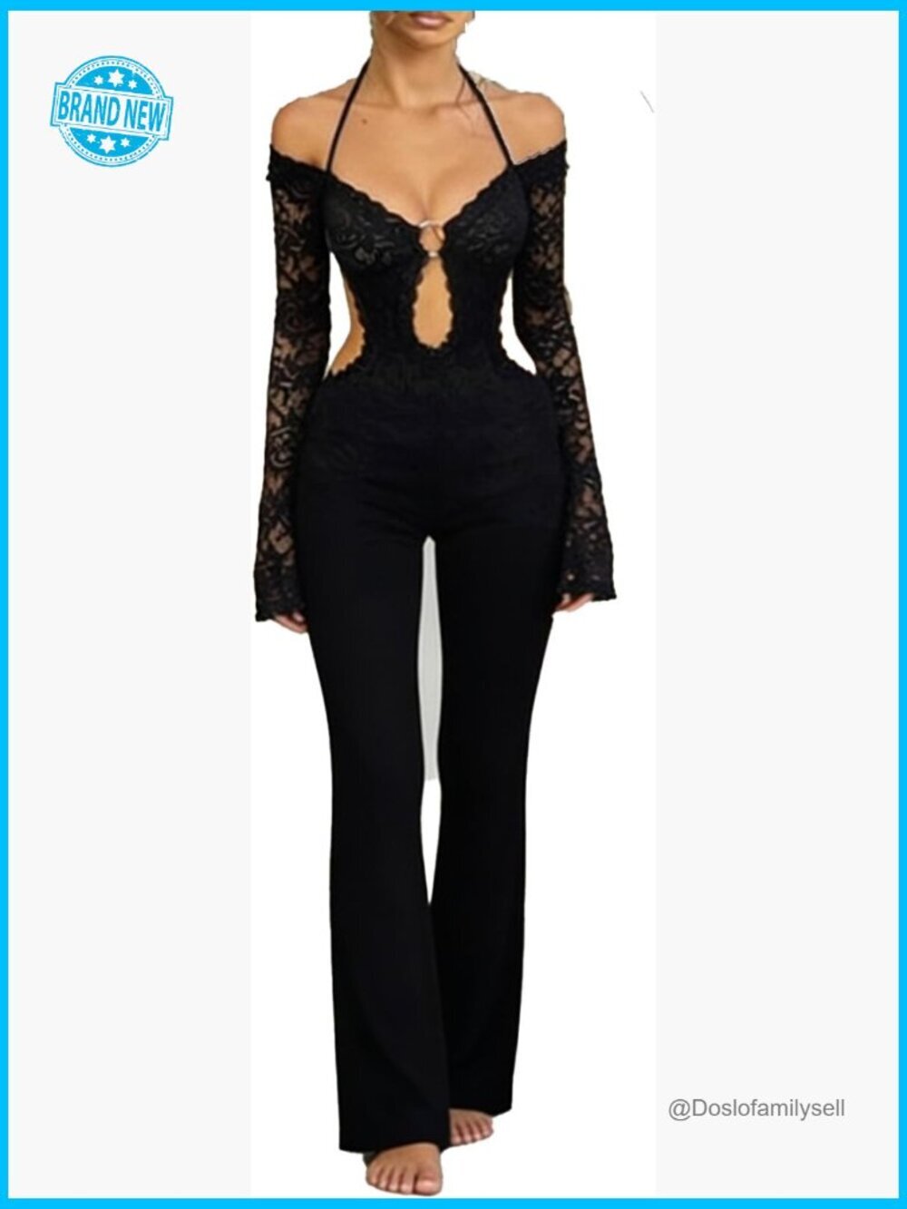 Long Sleeve Lace Jumpsuit Hollow Out Backless Flare Pants Sexy Romper One Piece